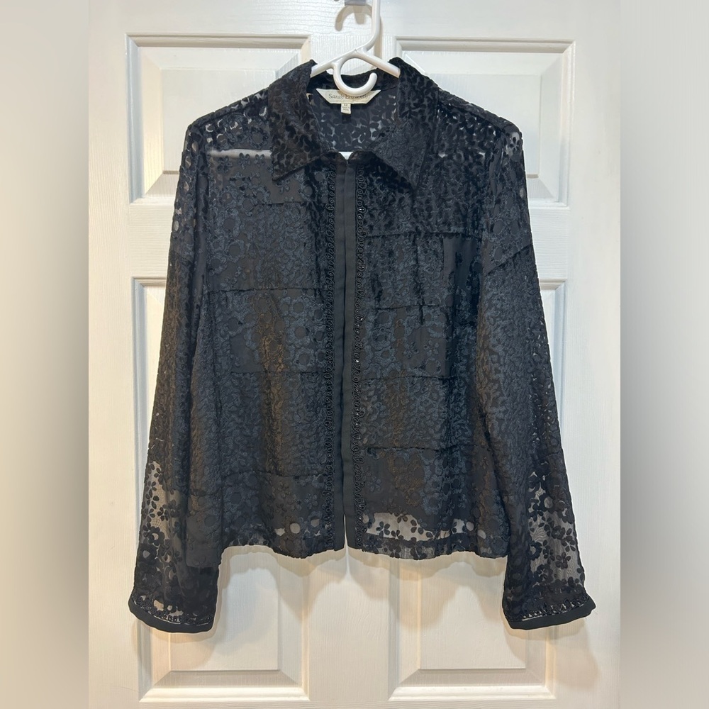 Vtg Sarah Elizabeth Black Velvet Burnout Cardigan Sheer Whimsigoth Witch Sz 12